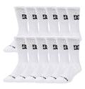 The DC Shoes Crew Socks 6-Pack includes twelve pairs of white crew socks with a bold black DC logo on the side and "DC SHOES" text on the toe, displayed in four neat rows.