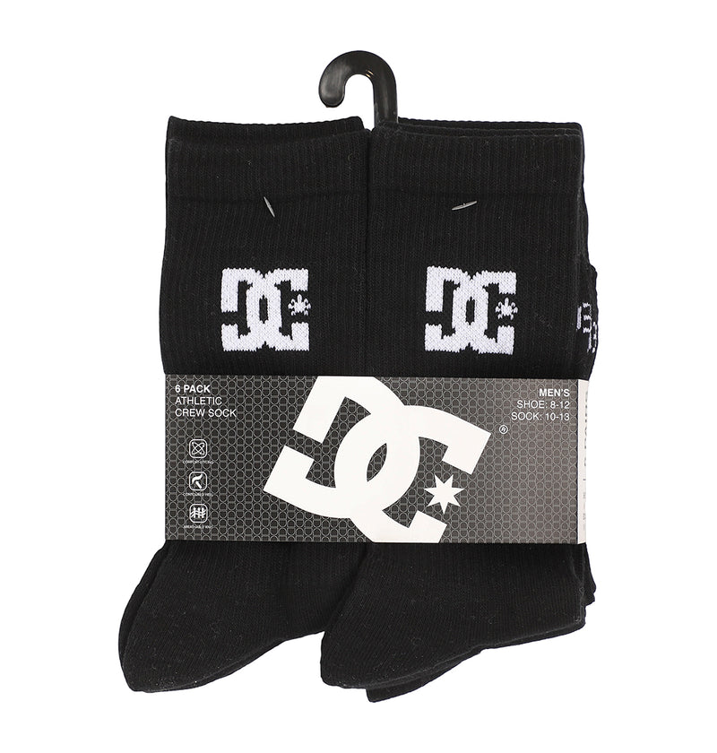The DC Shoes Crew Socks 6-Pack features black men’s athletic crew socks, size 10-13, each with a white DC logo near the top, all packaged in a sleek black and gray DC Shoes design.