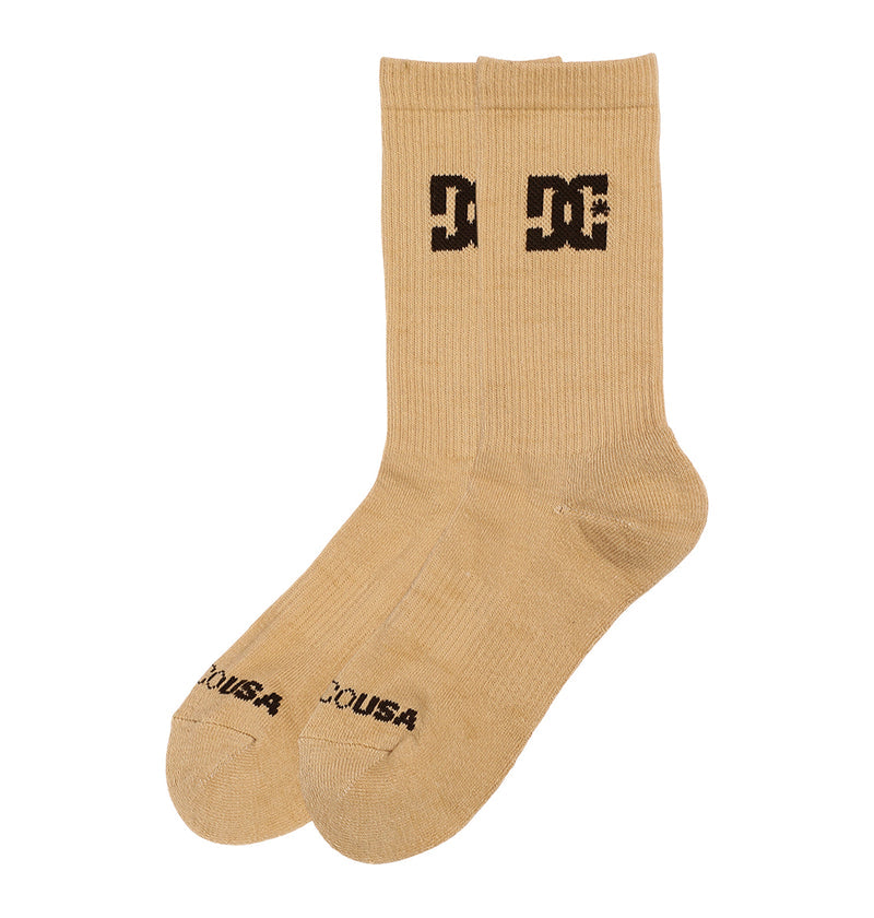 A 6-pack of DC Shoes crew socks with black text.