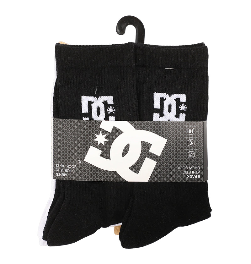 A 6-pack of DC Shoes crew socks in black, partially visible beneath a gray label with the white DC Shoes logo, displayed on a black plastic hanger.