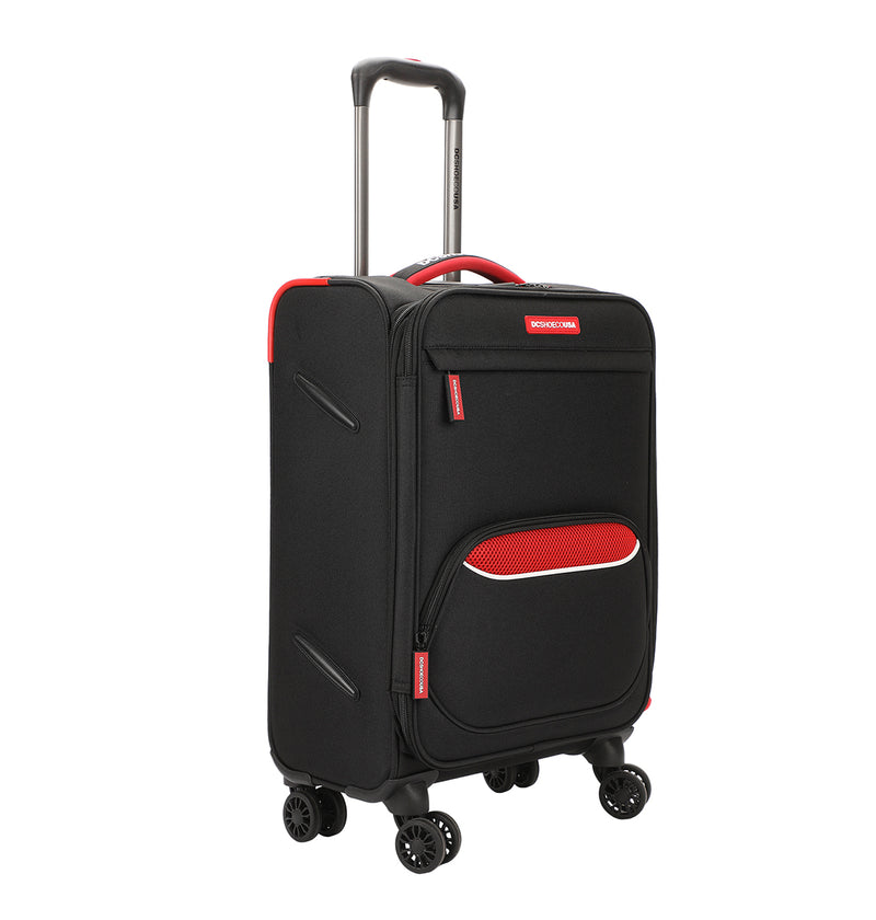 The DC Shoes DC Runner Carry-On is a black soft-shell suitcase with red accents, a front zippered pocket, four spinner wheels, and an extendable handle.