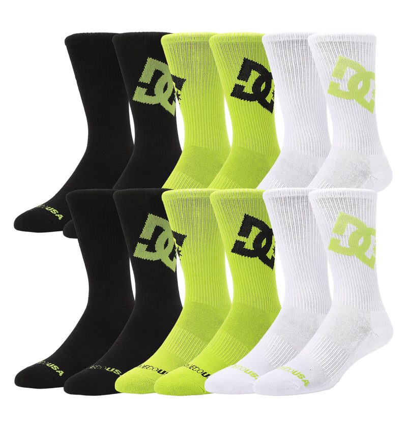 The DC Shoes Graffik Logo Crew Socks 3-Pack includes black, neon yellow, and white crew socks with a large DC logo on the side, ribbed cuffs, and branded toes.