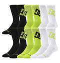 The DC Shoes Graffik Logo Crew Socks 3-Pack includes black, neon yellow, and white crew socks with a large DC logo on the side, ribbed cuffs, and branded toes.