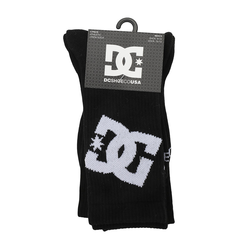 A 3-pack of black DC Shoes Graffik Logo crew socks, each featuring a large white DC Shoes logo on the front, displayed with a black cardboard label.