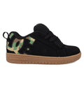 The Kids' Court Graffik Shoes by DC Shoes feature a puffy black silhouette, brown sole, and camo pattern inside the large DC logo. Details include DCSHOECOUSA text on the midsole, black laces, plus a padded tongue and collar.