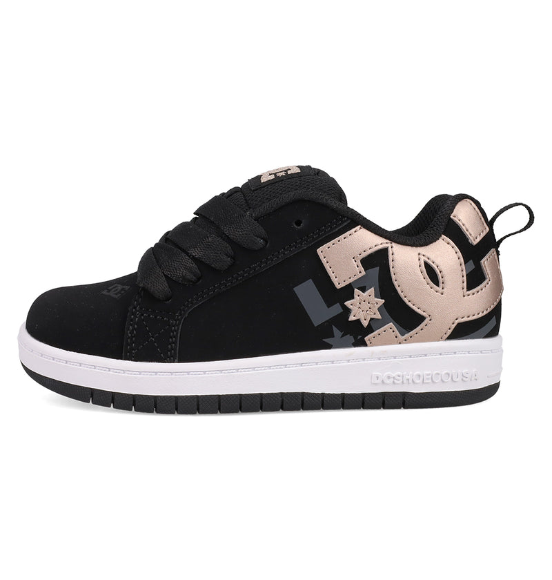 The Kids' Court Graffik Shoes by DC Shoes feature a classic puffy black skate silhouette with a white sole, thick black laces, metallic gold DC logo, heel pull tab, and Court Graffik branding on the tongue and sole.