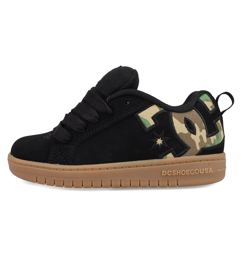 The Kids' Court Graffik Shoes by DC Shoes feature a black skate design with a puffy silhouette, thick laces, a light brown gum sole, camouflage DC logo, and "DCSHOECOUSA" printed near the heel on the sole.