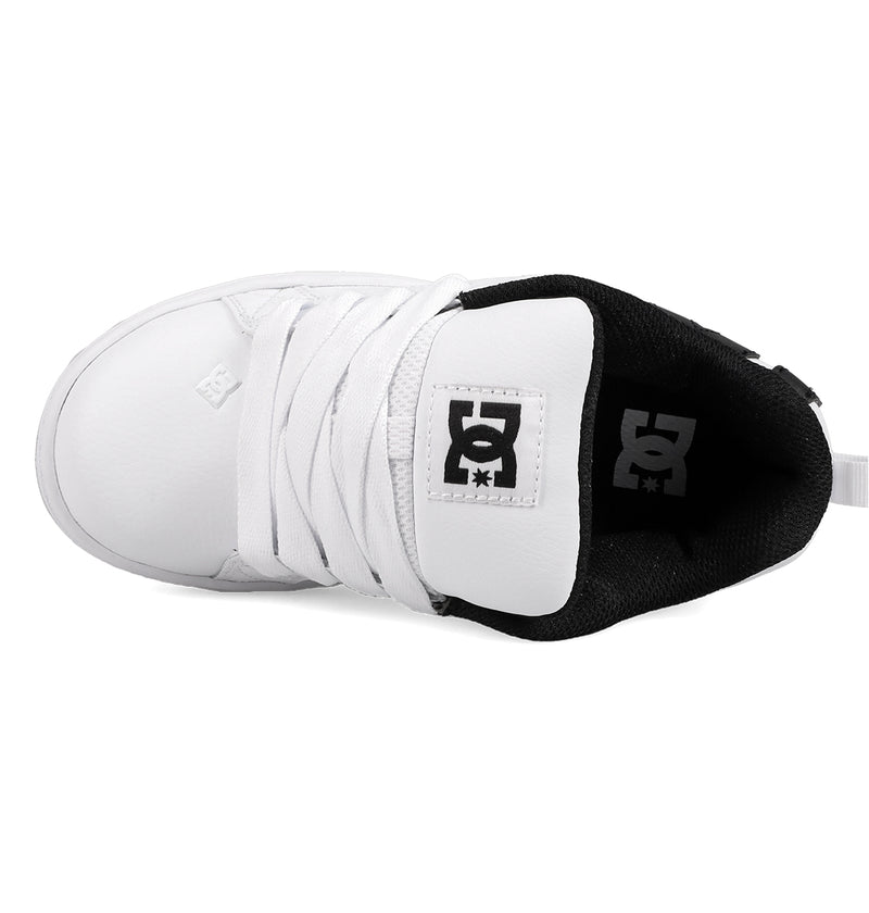 Top view of the Kids' Court Graffik Shoes by DC Shoes, featuring white laces, black interior lining, and a tongue with the black DC Shoes star logo on white—offering classic skate-inspired style.
