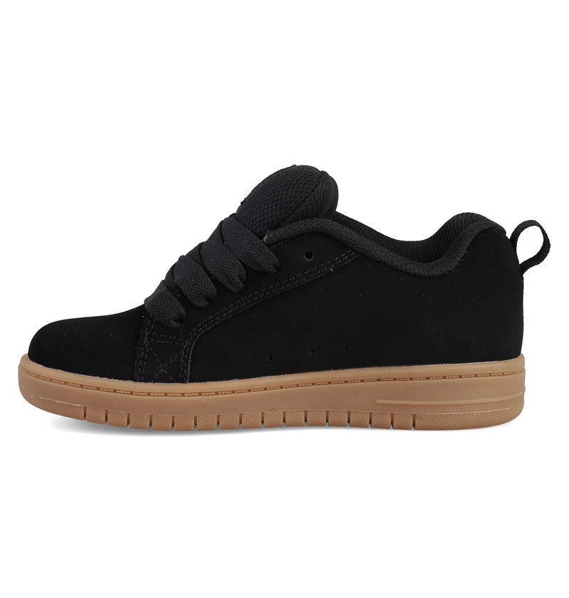 The Kids' Court Graffik Shoes by DC Shoes are black sneakers with thick laces, a puffy silhouette, a light brown rubber sole, and the iconic DC logo on the black upper, shown in side view on a white background.