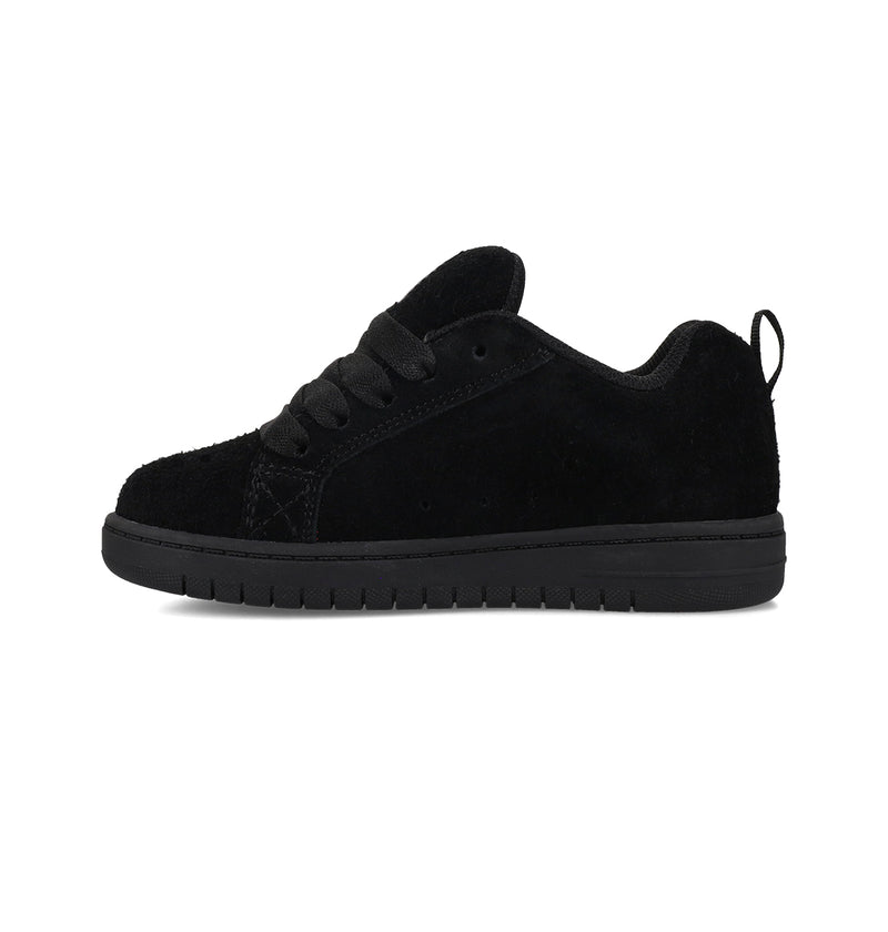 The DC Shoes Kids' Court Graffik Special Edition Shoes are black suede sneakers with black laces and a black rubber sole, shown in a left side profile against a white background.