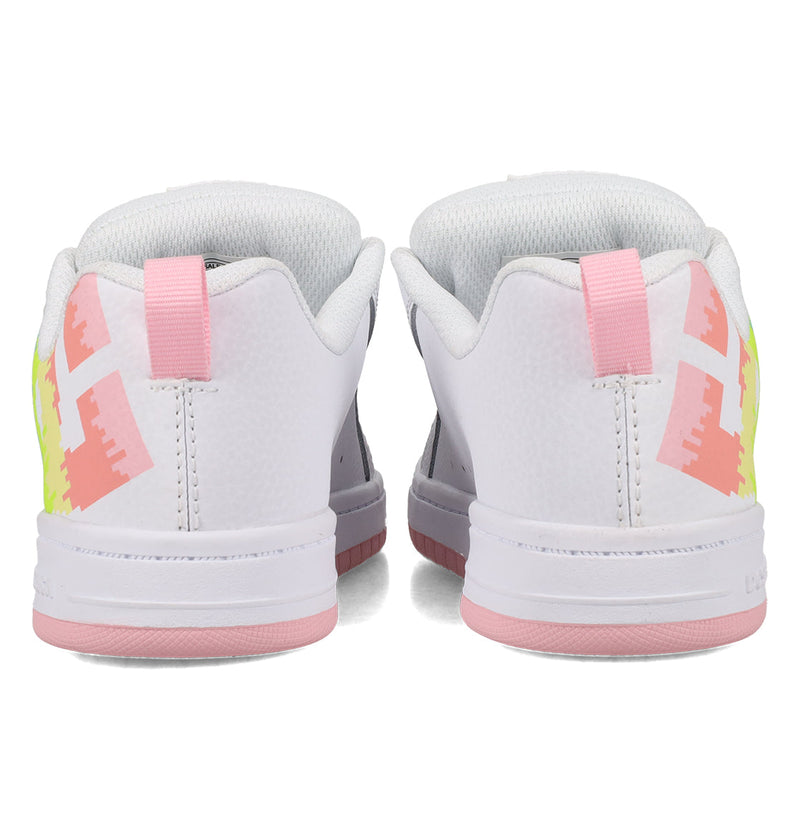 A pair of DC Shoes Kids' Court Graffik Shoes in white, shown from the back with pink and neon yellow pixelated heel designs, pink heel tabs, and matching pink soles.