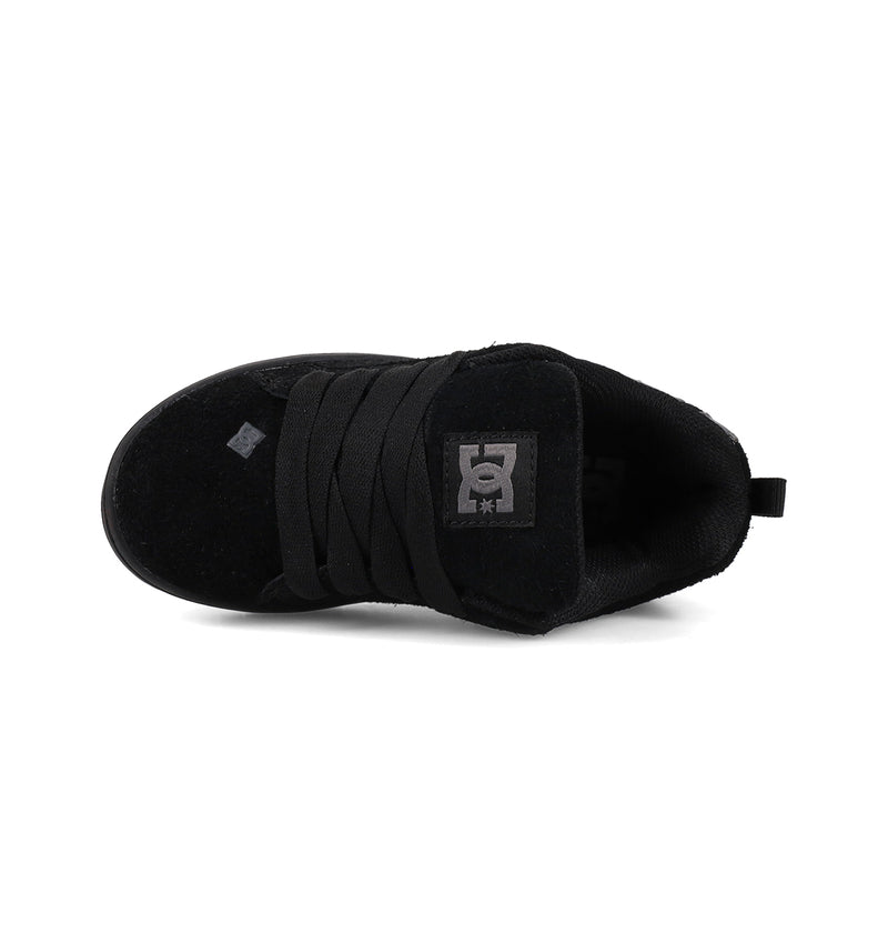 Top view of DC Shoes Kids' Court Graffik Special Edition Shoes in black, featuring wide laces and a logo on the tongue, displayed against a white background.