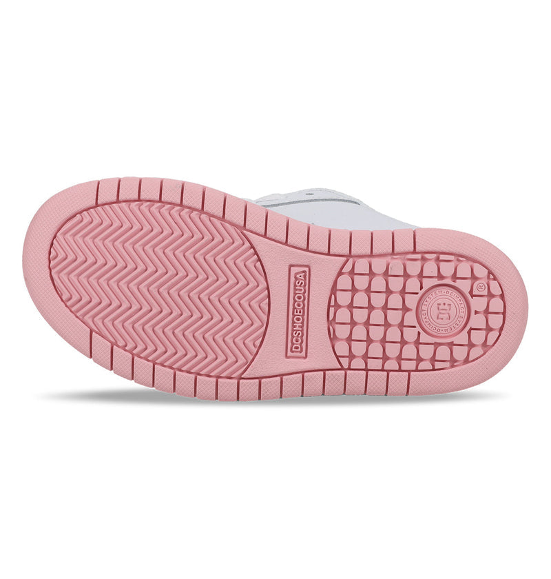 The image shows the sole of DC Shoes' Kids' Court Graffik Shoes with a light pink tread, featuring zigzag and grid patterns, a circular logo by the heel, and “DC SHOES CO USA” labeled on the sole.