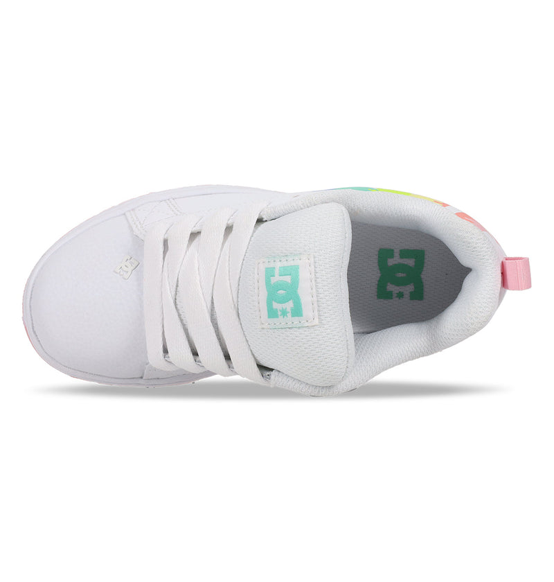 Top view of the DC Shoes Kids' Court Graffik Shoes: white sneaker with white laces, mint green DC Shoes logo on the tongue and insole, and a pink pull tab at the heel.