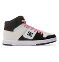 The Kids' Cure High-Top Shoes by DC Shoes feature a black and white design with pink laces, the DC logo on the side, and an abrasion-resistant rubber outsole, shown on a white background.