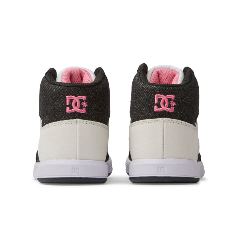 The DC Shoes Kids' Cure High-Top Shoes feature black uppers, light gray lower sections, pink inner lining, a pink DC logo on each heel, and an abrasion-resistant rubber outsole for durability.