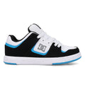 The DC Shoes Cure by DC Shoes is a low-top skate shoe in black, white, and blue with white laces, a thick speckled white sole, and the DC logo on the side.