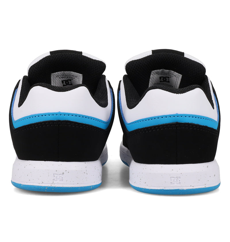 The DC Shoes Cure by DC Shoes are athletic sneakers in black, white, and blue shown from the back on a white background. They feature white soles with blue accents and a low-cut design.