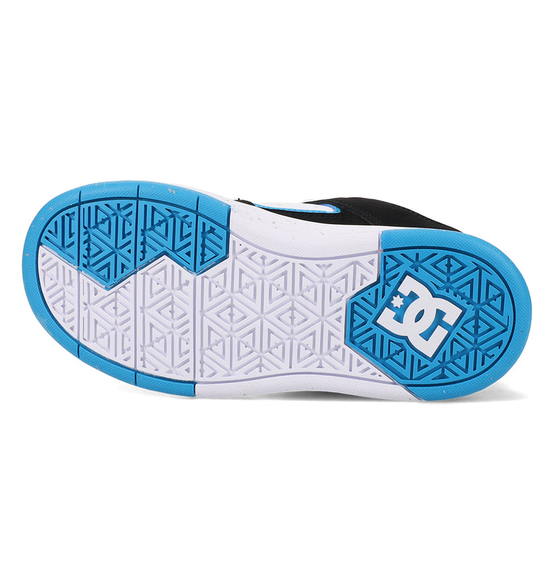 The image shows the bottom of the DC Shoes Cure sneaker, featuring a white and light blue geometric tread pattern with the DC Shoes logo in white on the heel.
