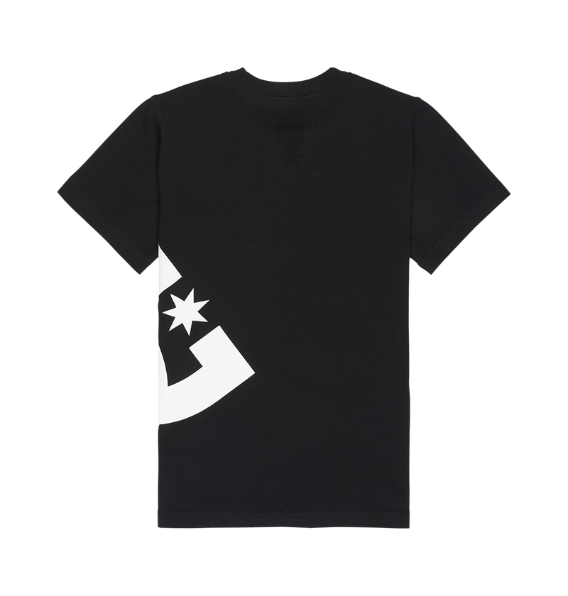 DC Shoes Lanai Tee Youth in black, relaxed fit, shown flat with the back side visible. Features a large bold white DC logo with a star and geometric details wrapping onto the lower left back.