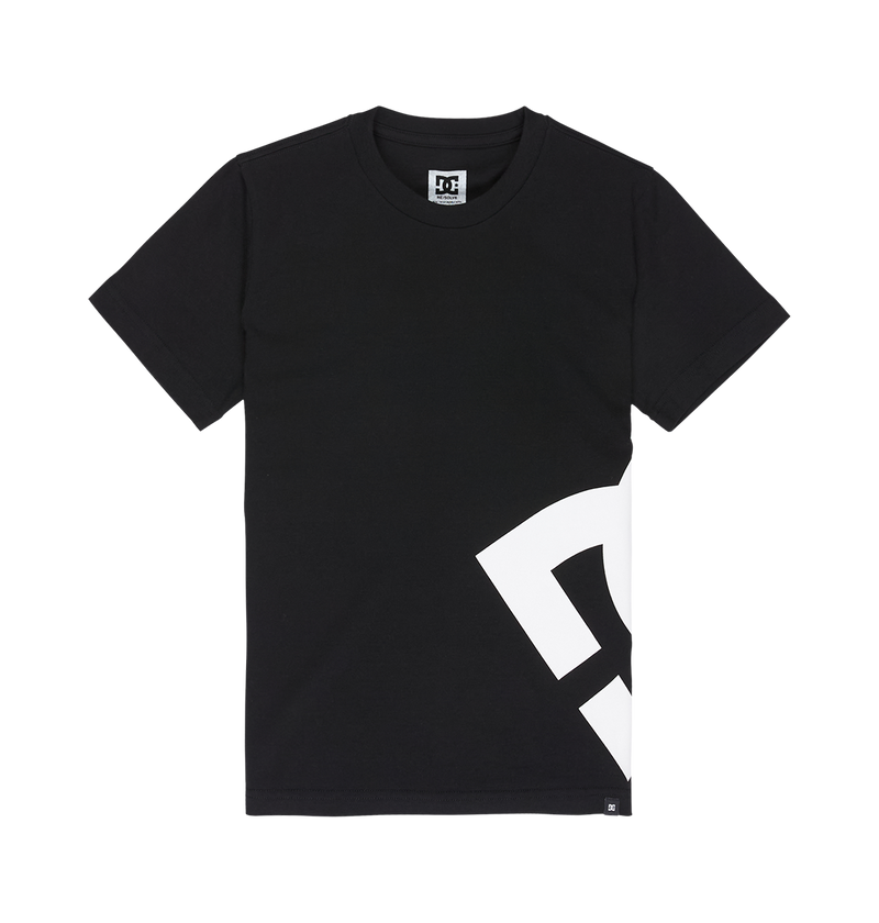 The DC Lanai Tee Youth by DC Shoes is a black short-sleeve skate shirt featuring a relaxed fit, a large white geometric graphic on the lower right, and a small DC logo tag near the collar.