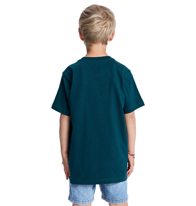 A young child with short blond hair, seen from behind, wearing the Reebok DC Star Filled Ss Boy T-shirt and light blue denim shorts, standing against a plain white background.