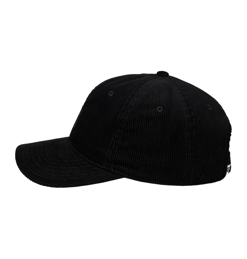 The Kids' DC Star Strapback Cap by DC Shoes is a black corduroy skate cap with a curved brim and subtle branding, shown from the side against a white background.