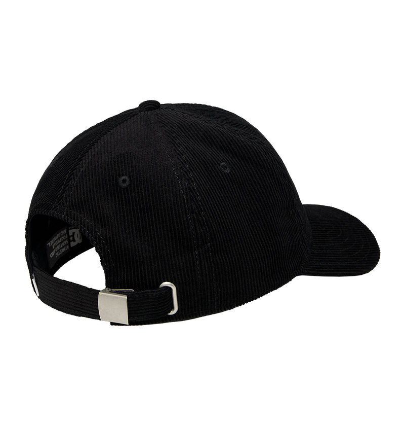 The Kids' DC Star Strapback Cap by DC Shoes is a black corduroy skate hat with a metal buckle strap for adjustment, DC branding above the back opening, and a classic curved brim.