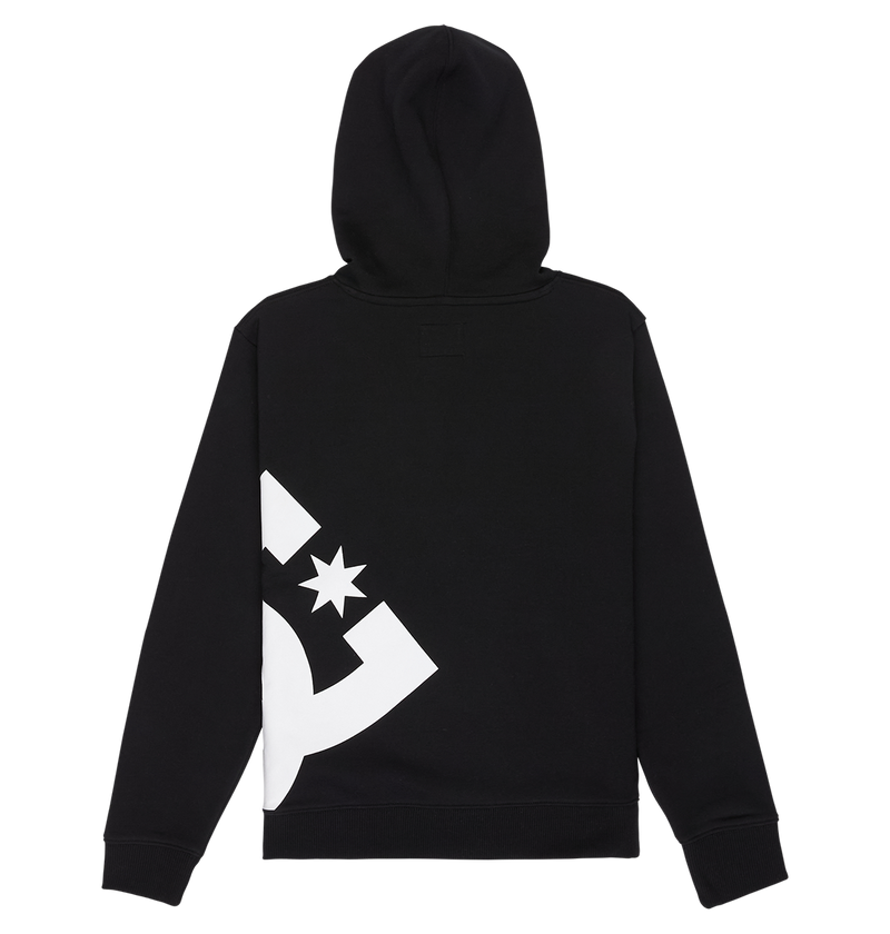 The DC Shoes Lanai Hoodie Youth is a black pullover with a bold white star and geometric graphic on the lower left back, designed for cozy fleece warmth.