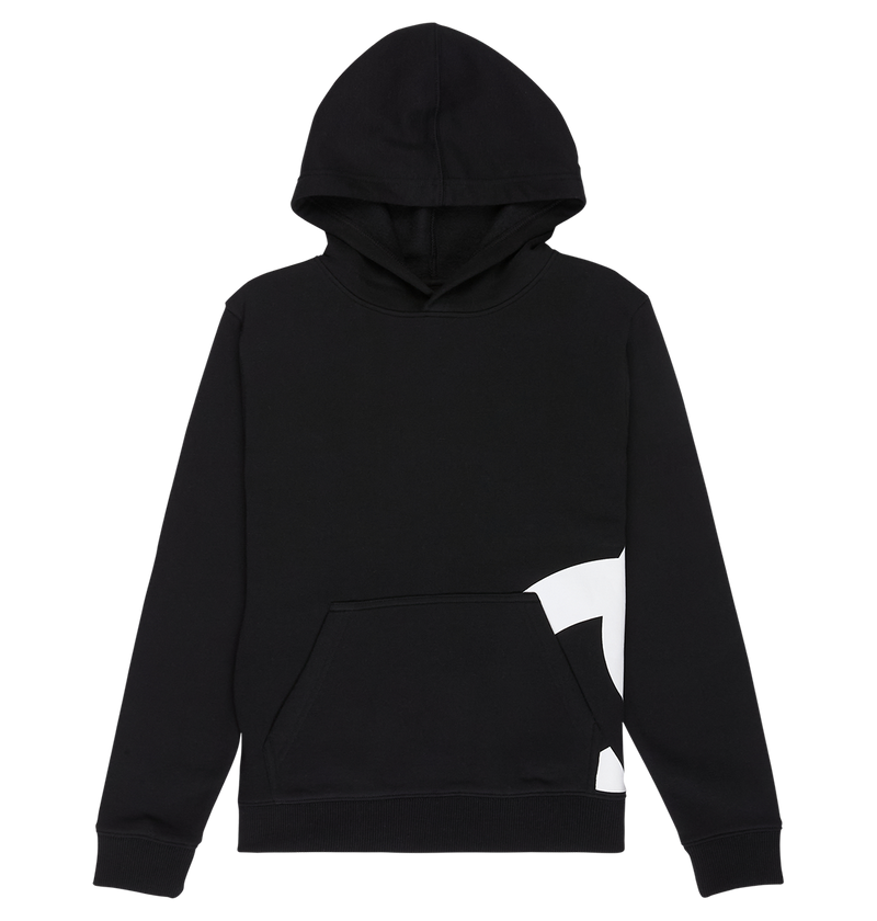 The DC Shoes Lanai Hoodie Youth is a black pullover with long sleeves, a front pocket, and white DC graphics on the lower right. Laid flat on white, it delivers classic fleece warmth with modern street style.