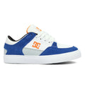 The Kids' Onyx Shoes by DC Shoes feature a minimal white and blue design with an orange side logo, white laces, and a white rubber sole—perfect for everyday comfort and style.