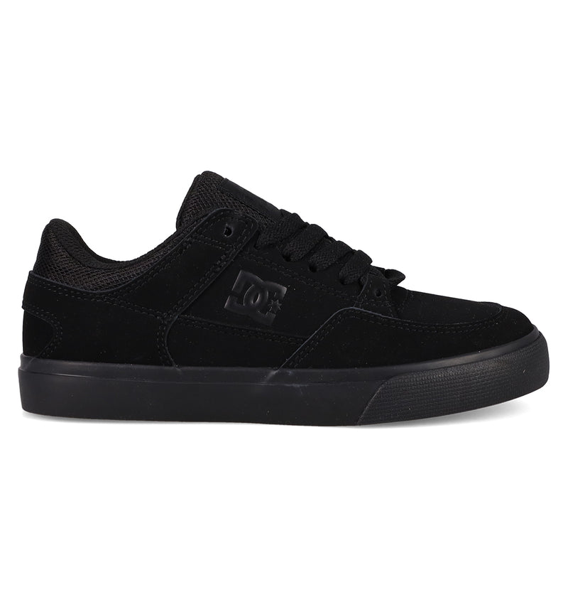 The DC Shoes Kids' Onyx Shoes feature a black minimal silhouette, low-top design, textured sole, mesh tongue, and embossed DC Shoes logo—perfect as an everyday go-to skate shoe.