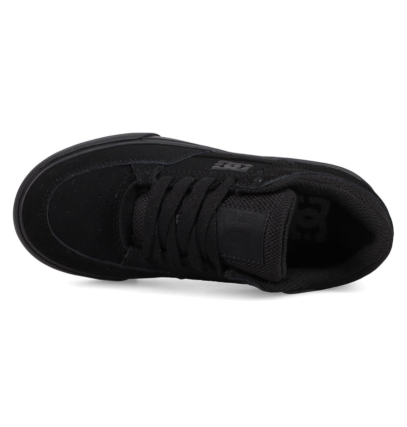 Top view of DC Shoes Kids' Onyx Shoes featuring black laces, a black sole, subtle branding on the tongue and side, and a low-cut, minimal silhouette—perfect for effortless everyday style.