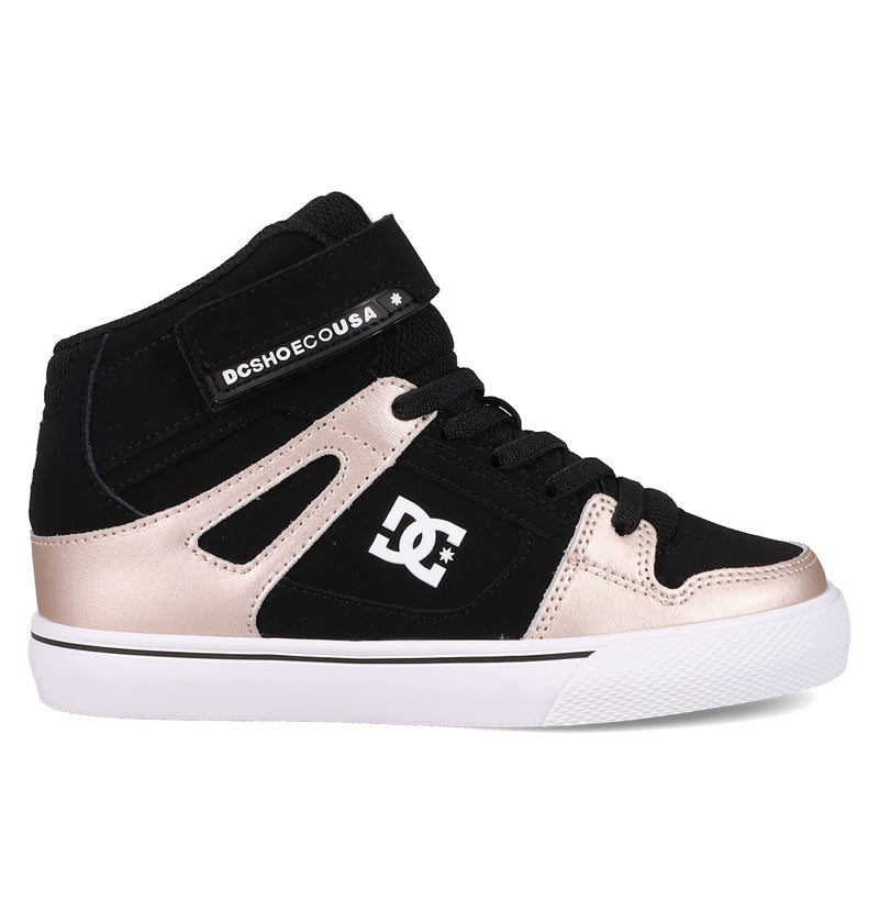 The DC Shoes Kids' Pure Hi Top EV features a black and metallic gold design, vulcanized outsole with a white sole, black laces, and a Velcro strap showing the DCSHOECOUSA brand name on the side.