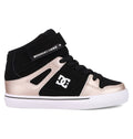 The DC Shoes Kids' Pure Hi Top EV features a black and metallic gold design, vulcanized outsole with a white sole, black laces, and a Velcro strap showing the DCSHOECOUSA brand name on the side.