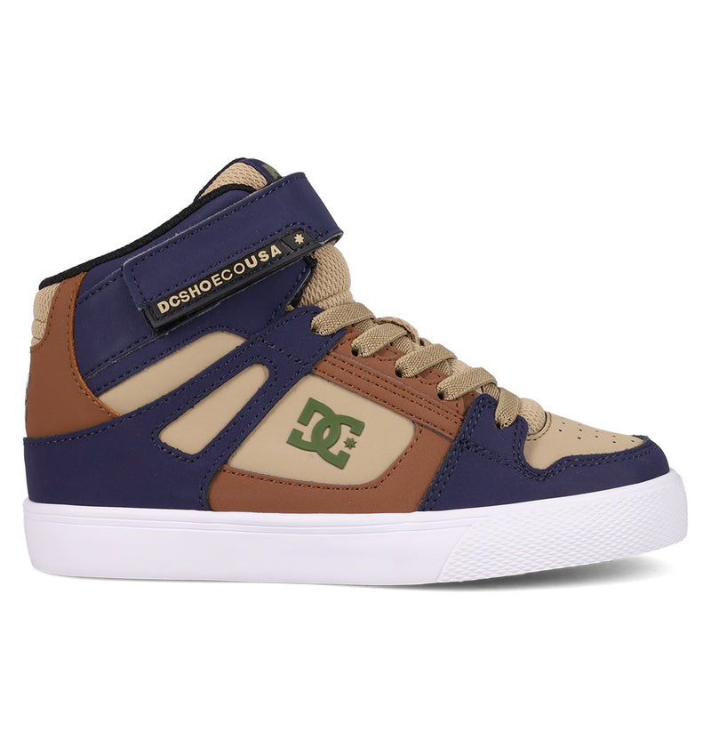 The DC Shoes Kids' Pure Hi Top EV features blue, tan, and brown panels, tan laces, a white sole, "DCSHOECOUSA" on the strap, and a green DC logo on the side—ideal for fans of classic skate style.
