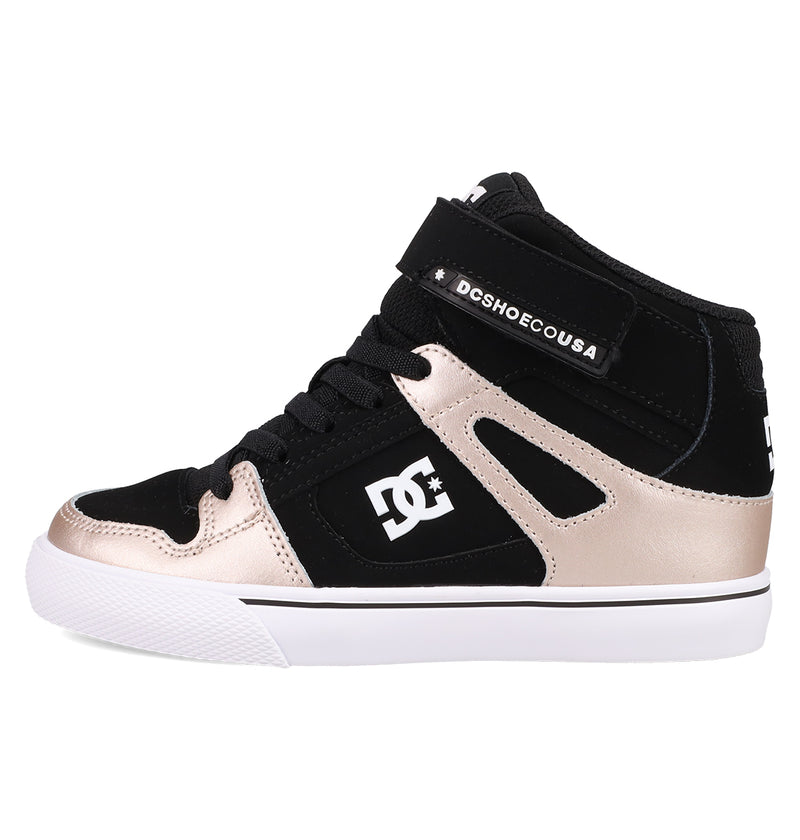 DC Shoes Kids' Pure Hi Top EV Shoes feature a black and gold design with white logo, white sole, black laces, and a hook-and-loop ankle strap—stylish and supportive high-top skate shoes.