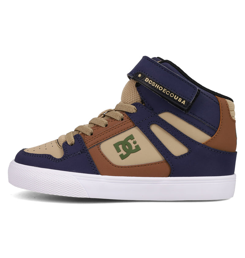The DC Shoes Kids' Pure Hi Top EV Shoes are high-top sneakers in tan, brown, navy, and olive green with a white sole, laces, and DCSHOECOUSA branding on the ankle strap—perfect for young skate shoe fans.