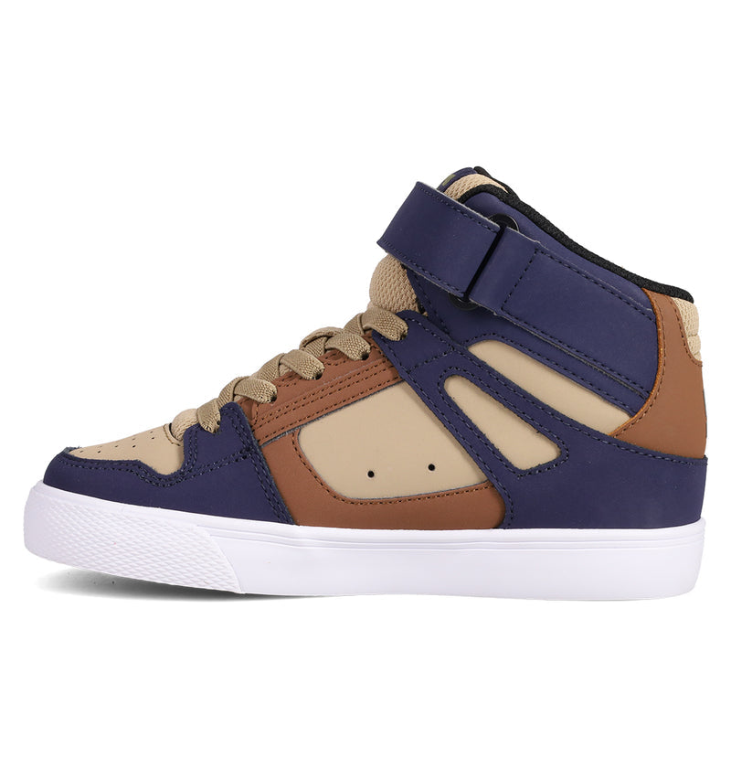 The Kids' Pure Hi Top EV Shoes by DC Shoes are high-top sneakers inspired by classic skate shoes, featuring beige, brown, and dark blue panels, tan laces, a white rubber sole, and a Velcro ankle strap. Shown in left side profile.