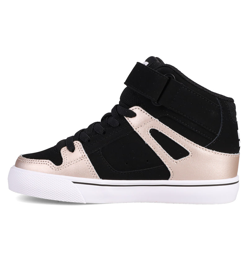The Kids' Pure Hi Top EV Shoes by DC Shoes feature a black upper, metallic gold accents, black laces and strap, along with a white midsole, textured white toe, and vulcanized outsole for a sporty look inspired by classic skate shoes.