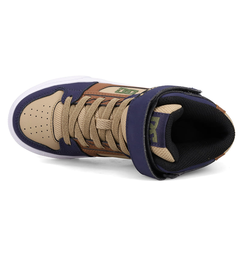 The Kids' Pure Hi Top EV Shoes by DC Shoes feature a tan and navy upper with brown accents, tan laces, white sole, perforated toe box, black lining, and a hook-and-loop ankle strap—classic high-top skate shoe style.