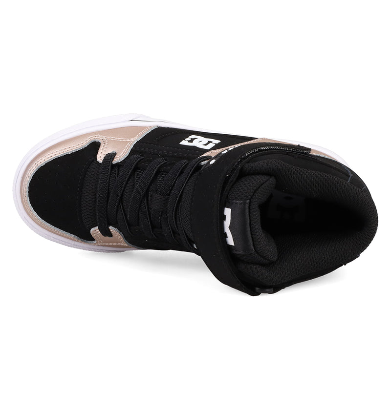 The DC Shoes Kids' Pure Hi Top EV features black and beige uppers with white accents, black laces, and visible logos on the tongue and side. It has a vulcanized white outsole and black interior lining, shown from an overhead view.
