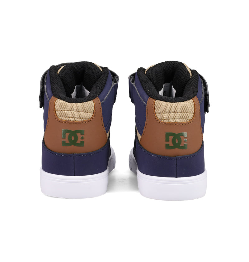 DC Shoes Kids' Pure Hi Top EV sneakers, shown from the back, feature brown heels, navy blue sides, white soles, black collars, and green DC logos on the heel.