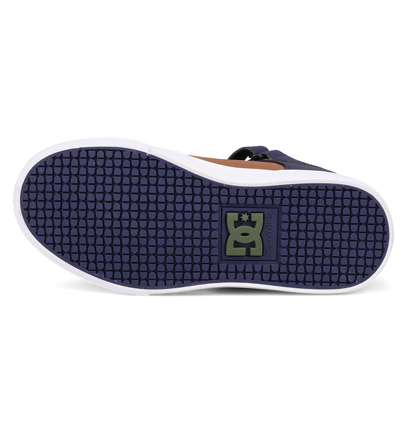 The image shows the sole of the DC Shoes Kids' Pure Hi Top EV, featuring a dark purple textured grip, a green rectangular logo with a stylized G and crown at the center, and a white outer edge.