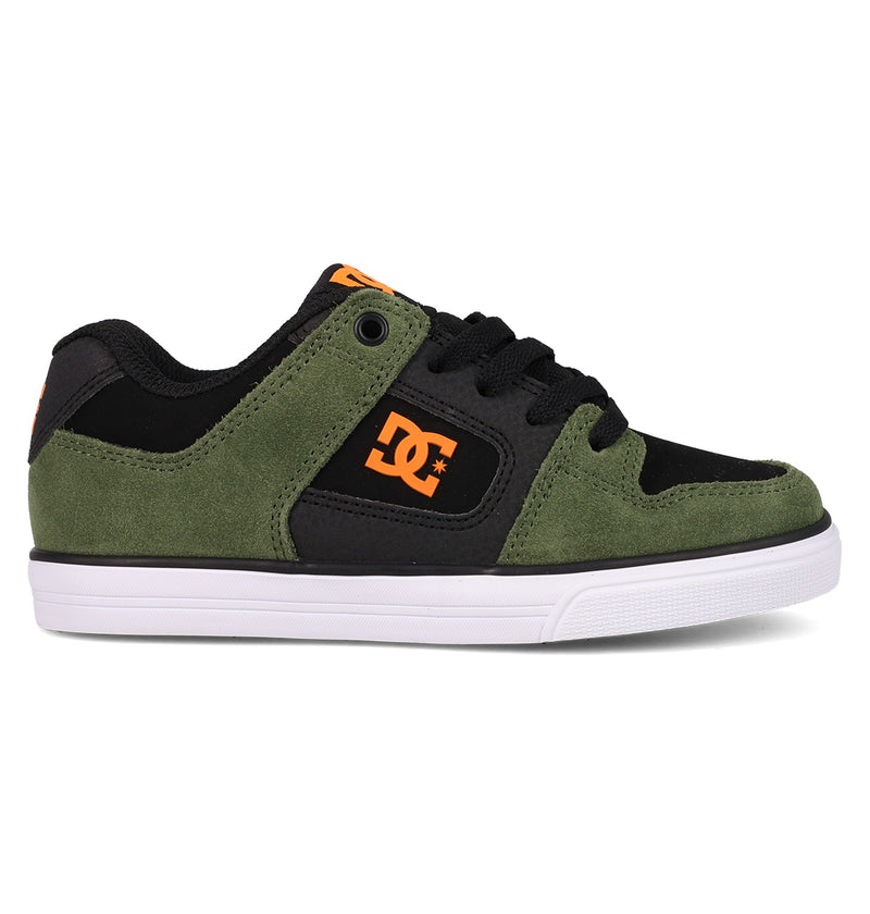 The DC Shoes Kids' Pure Shoes, shown from the left on a white background, feature green and black uppers, orange logo accents, black laces, and a white rubber sole.