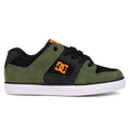 The DC Shoes Kids' Pure Shoes, shown from the left on a white background, feature green and black uppers, orange logo accents, black laces, and a white rubber sole.