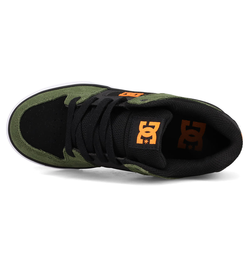 Top view of the Kids' Pure Shoes by DC Shoes in black and olive green, featuring black laces and an orange DC Shoes logo on the tongue and insole—versatile sneakers for everyday style.