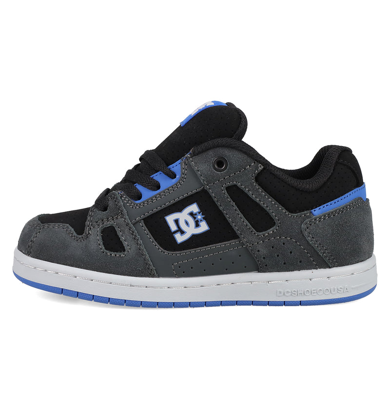 The DC Shoes Kids' Stag Shoes feature black and grey panels with blue accents, a white DC logo on the side, perforated suede and leather uppers, and a white rubber cupsole with blue detailing.