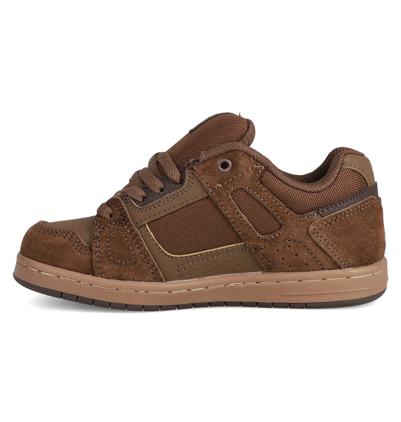 The Kids' Stag Shoes by DC Shoes feature brown suede and mesh panels, brown laces, and a thick tan rubber cupsole, displayed in side profile against a white background.