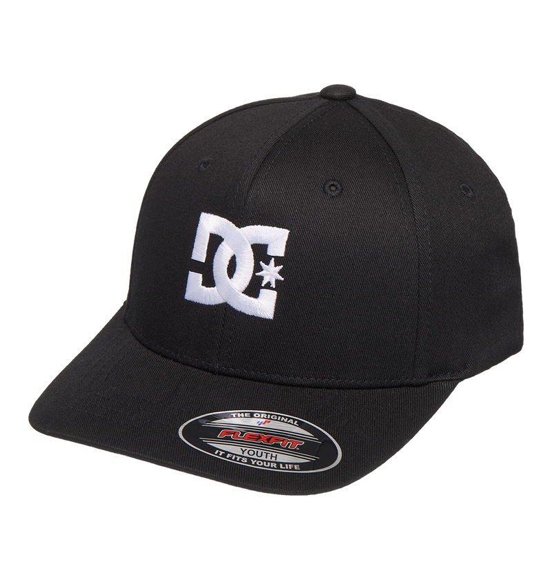 The DC Shoes Kids' Star 2 Cap is a black Flexfit youth hat with a curved brim, skate-inspired style, bold white embroidered DC branding on the front, and a sticker on the brim.